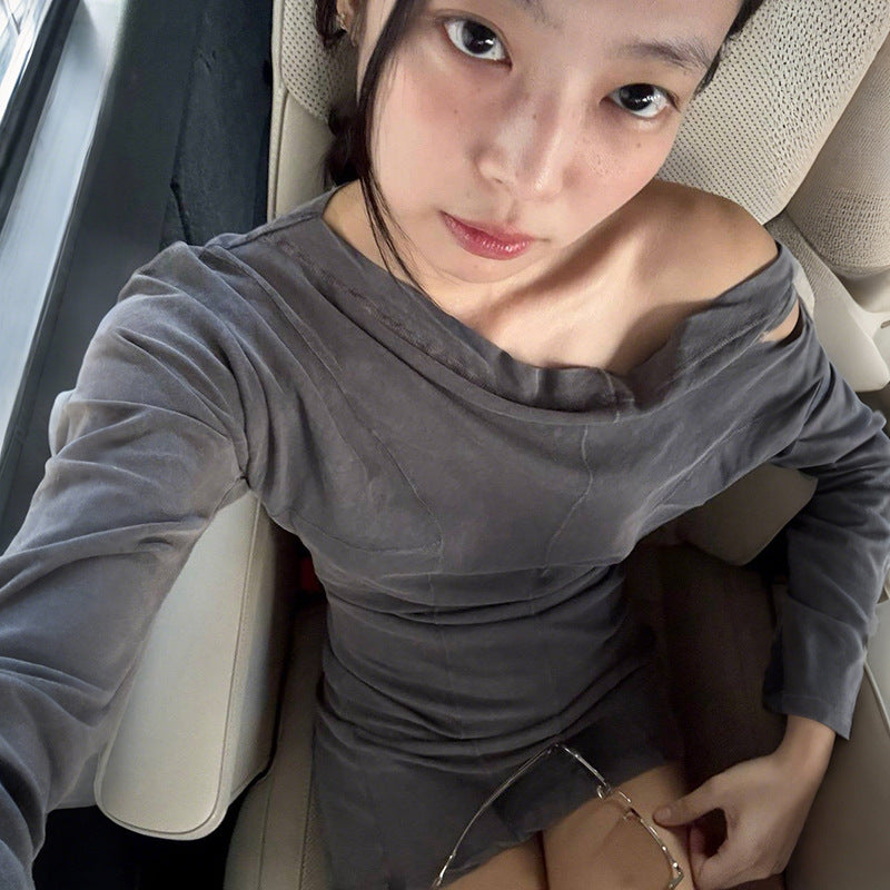 Women's Ruched Off-Shoulder Long Sleeve Mini Dress – Grey Cotton Casual Bodycon Dress - Image 3